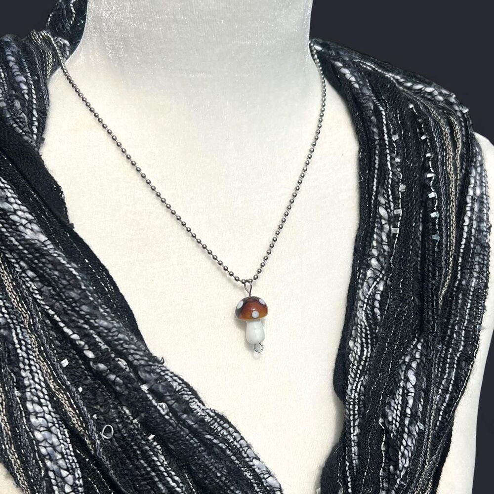 Glass brown mushroom pendant on ball chain necklace